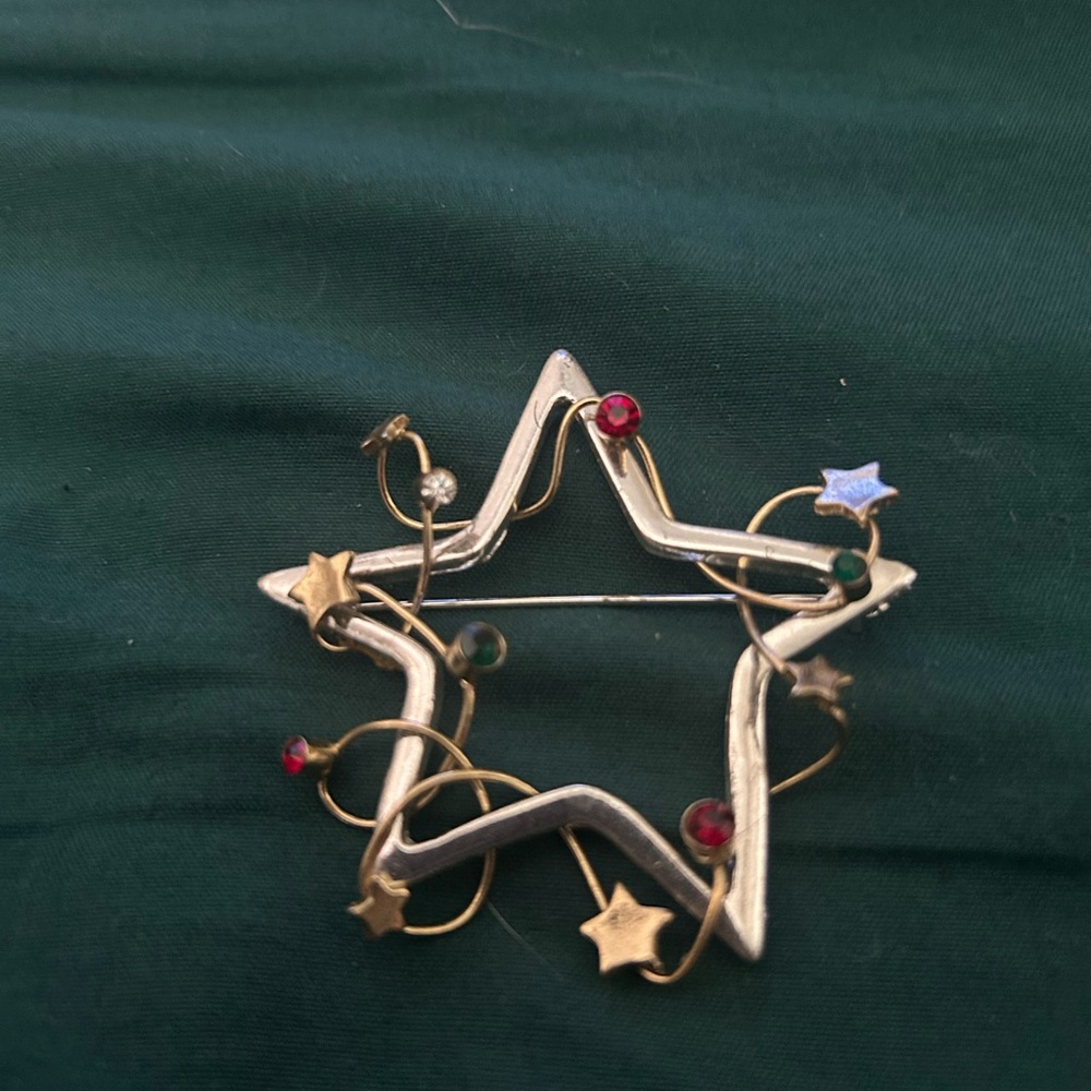 Gold and Silver Star Brooch with Multicolor Accents